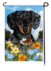 Dachshund Short Hair Dapple Dark Black and Tan Summer Flowers Garden Flag