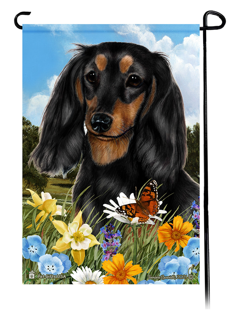 Dachshund LH Black and Tan Summer Flowers Garden Flag
