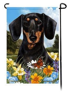Dachshund SH Black and Tan Summer Flowers Garden Flag