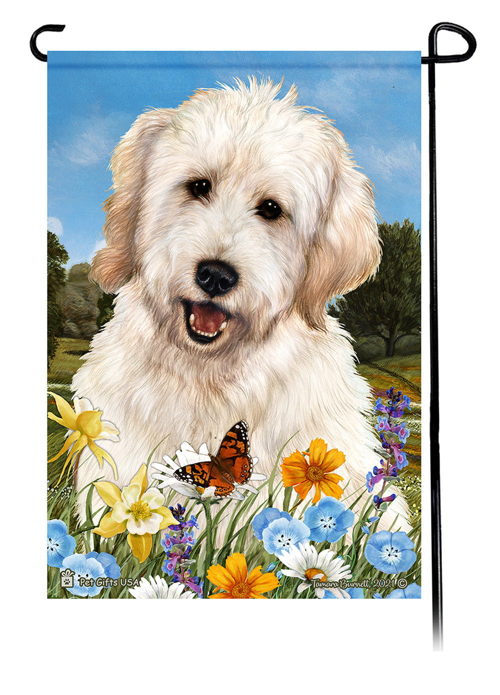 Goldendoodle White Summer Flowers Garden Flag