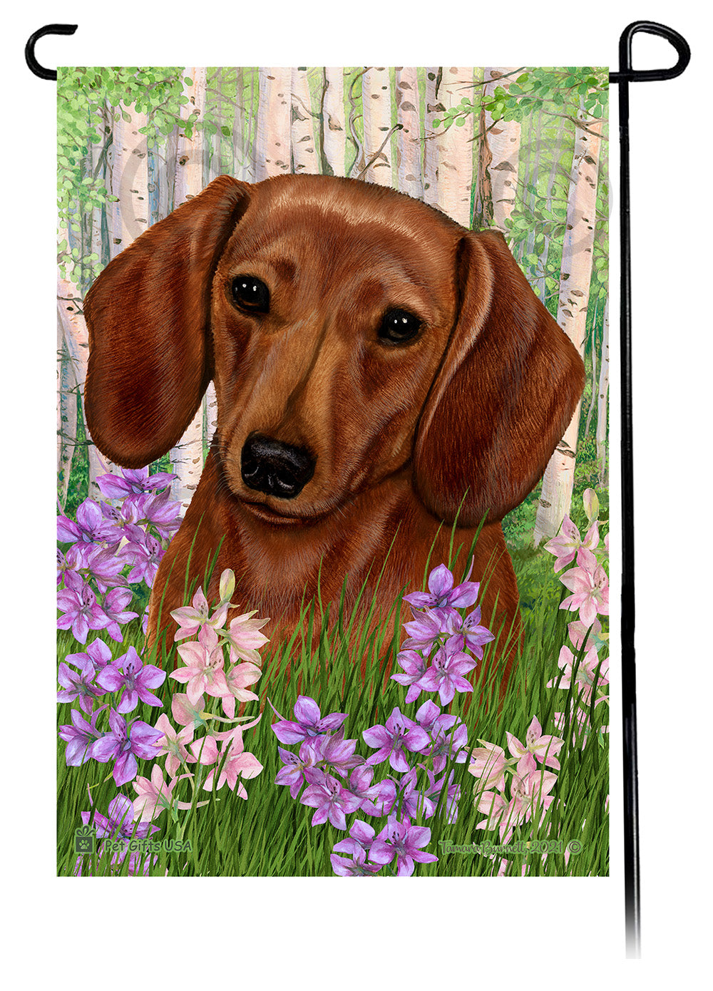 Dachshund SH Red Spring Flowers Flag
