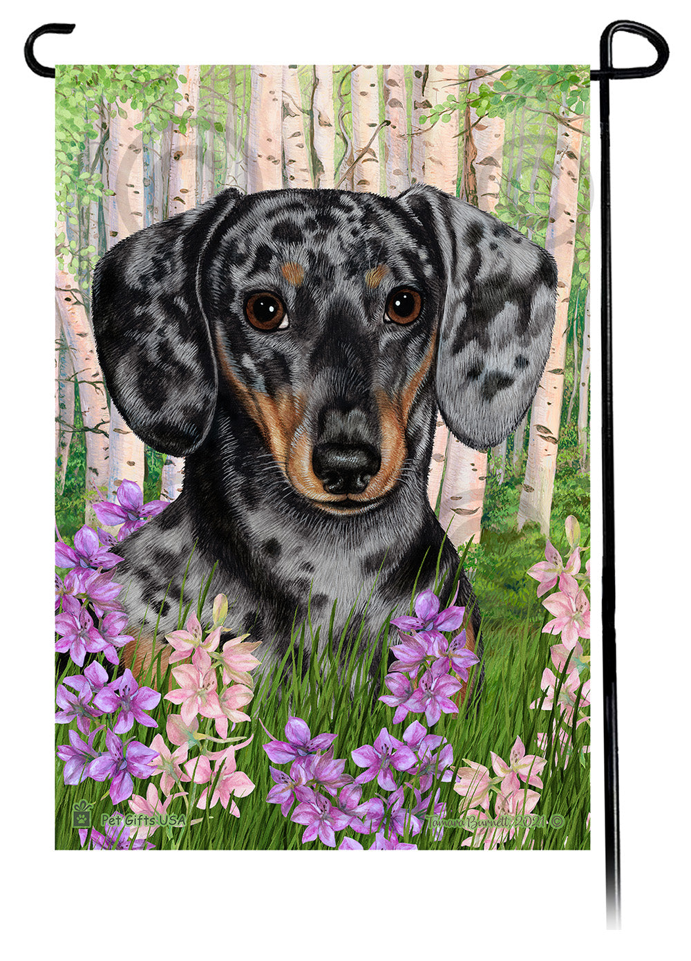 Dachshund Short Hair Dapple Light Black and Tan Spring Flowers Flag