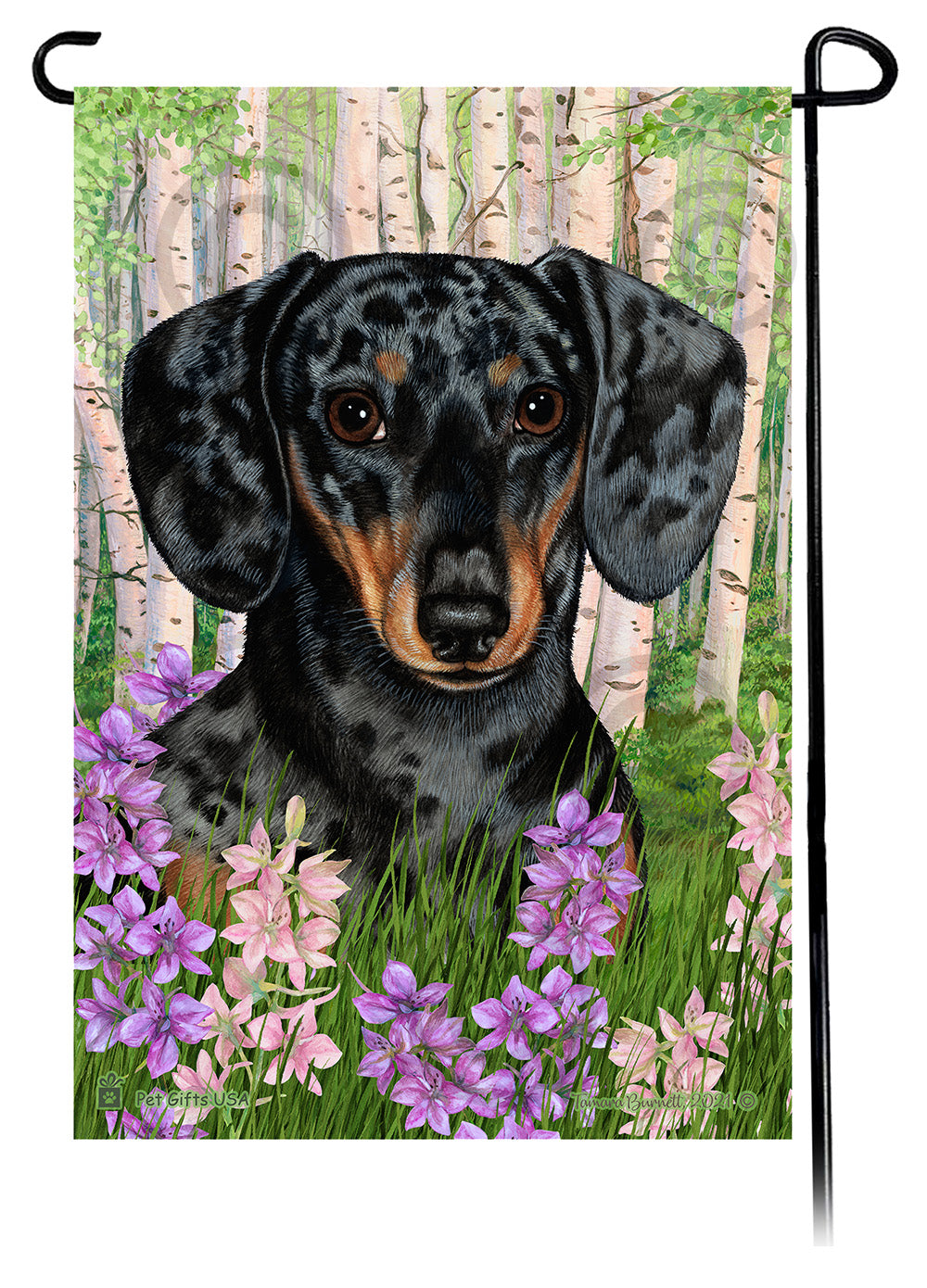 Dachshund Short Hair Dapple Dark Black and Tan Spring Flowers Flag