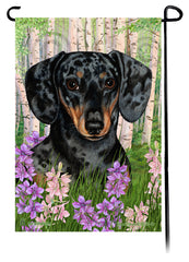 Dachshund Short Hair Dapple Dark Black and Tan Spring Flowers Flag