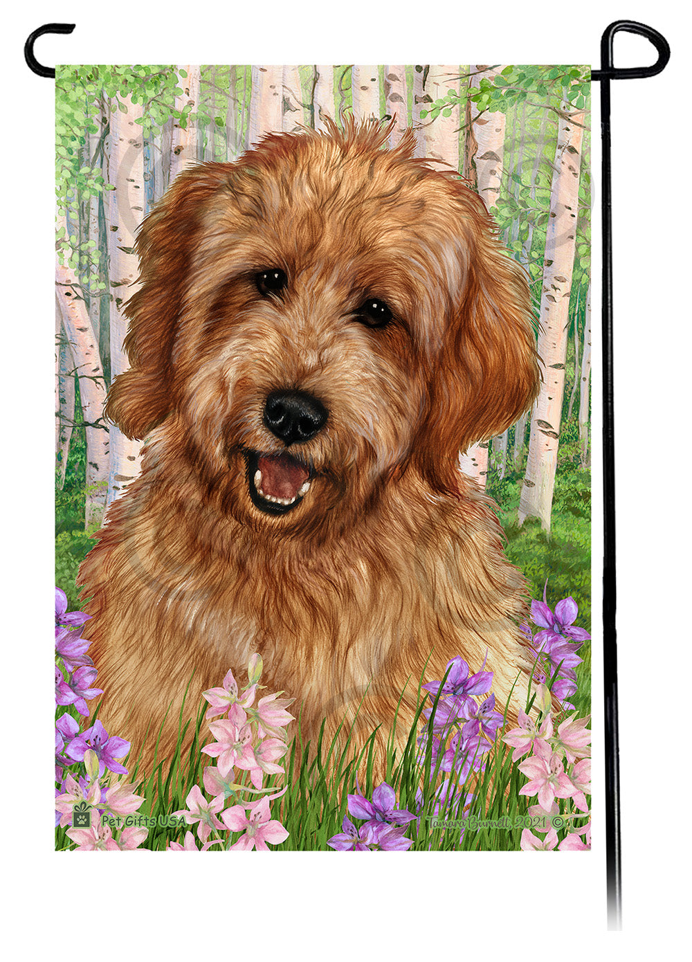Goldendoodle Red Spring Flowers Flag
