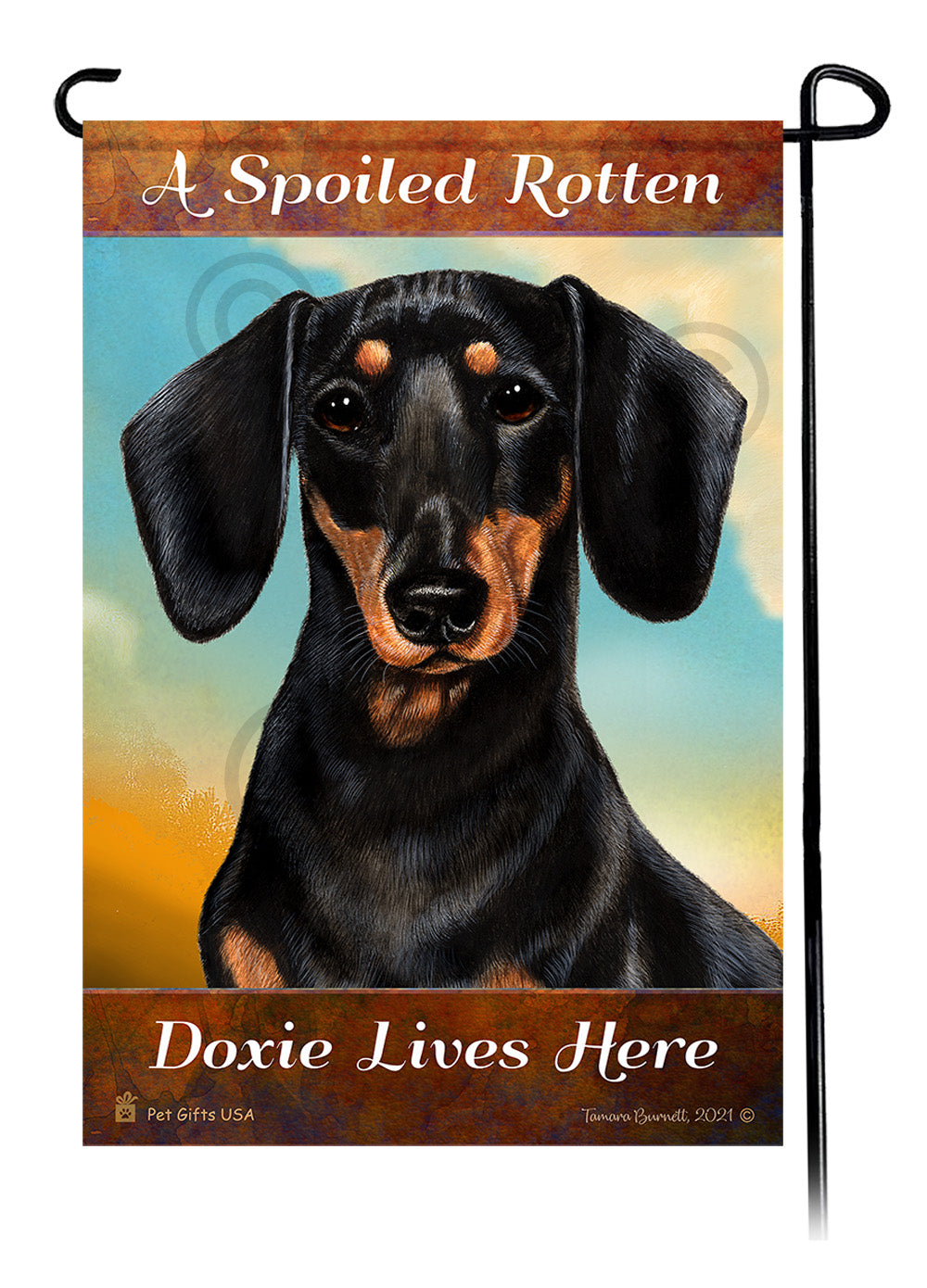 A Spoiled Rotten Dachshund Short Hair Black and Tan Lives Here - Garden Flag