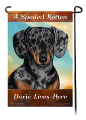 A Spoiled Rotten Dachshund Short Hair Dapple Light Black and Tan Lives Here - Garden Flag