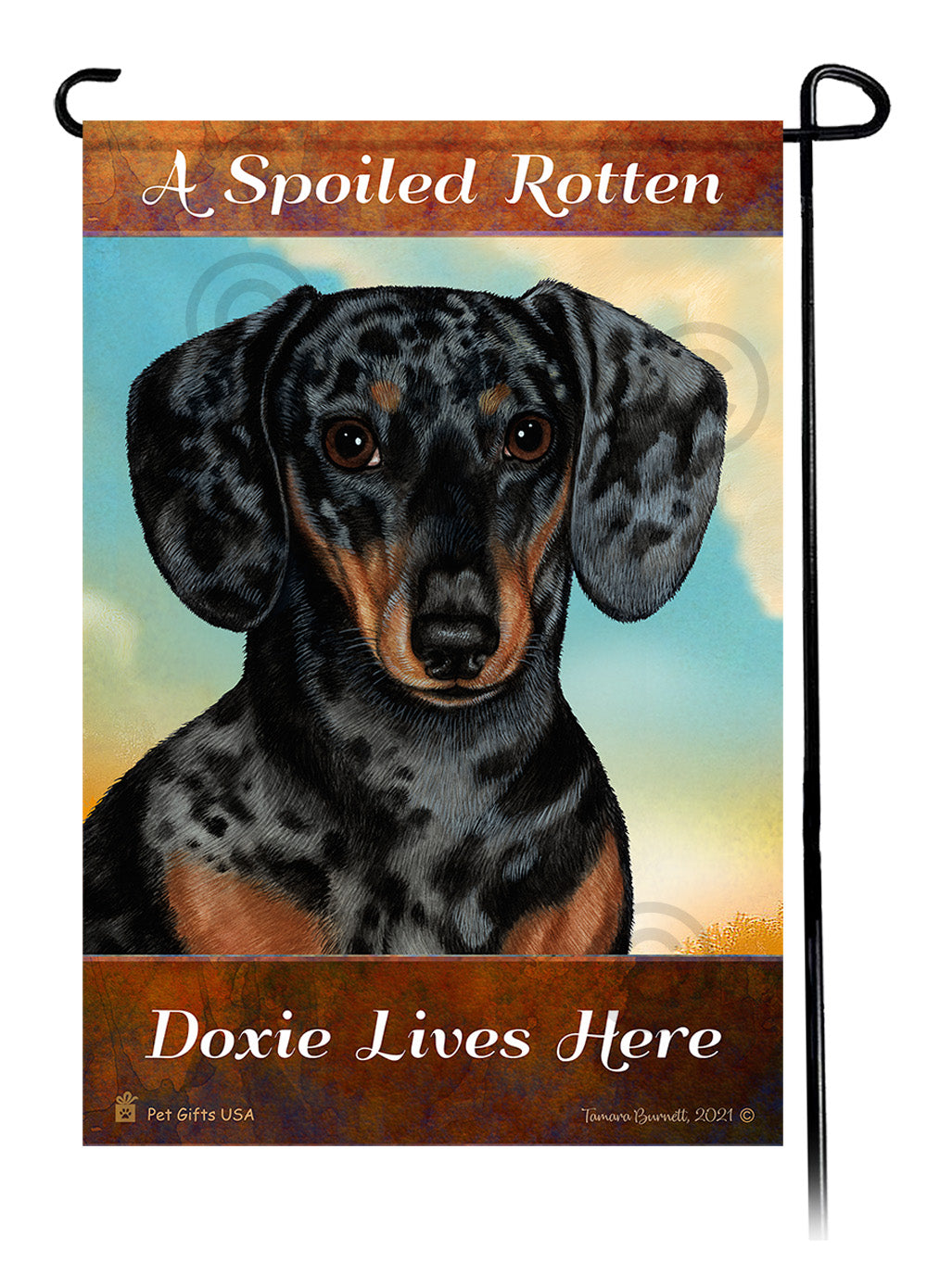 A Spoiled Rotten Dachshund Short Hair Dapple Dark Black and Tan Lives Here - Garden Flag