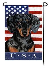 Dachshund SH Dapple Choc & Tan True Blue Garden Flag