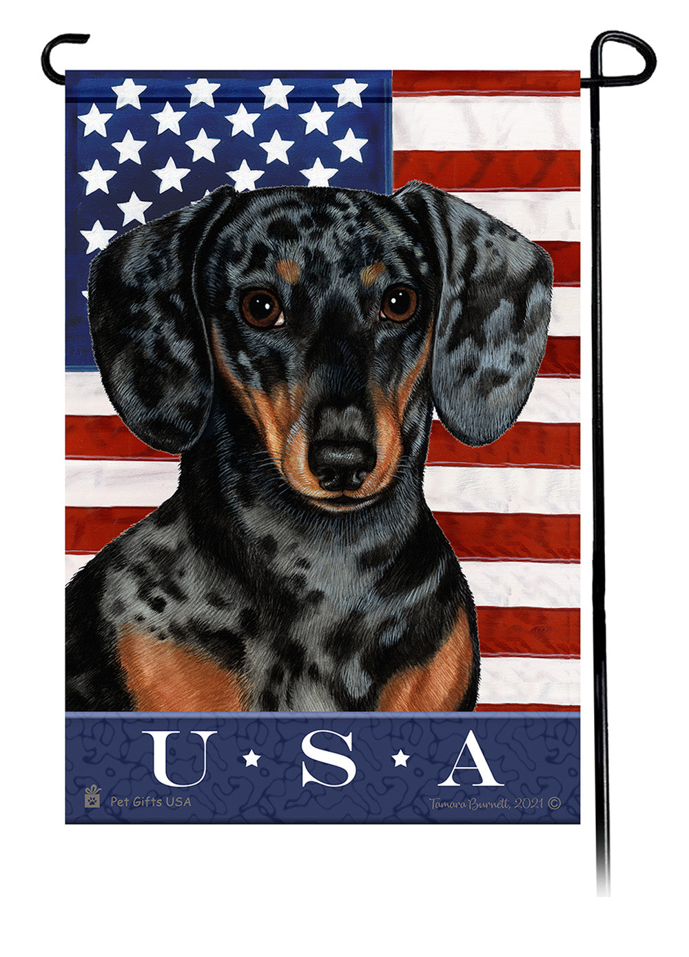 Dachshund Short Hair Dapple Dark Black and Tan True Blue Garden Flag