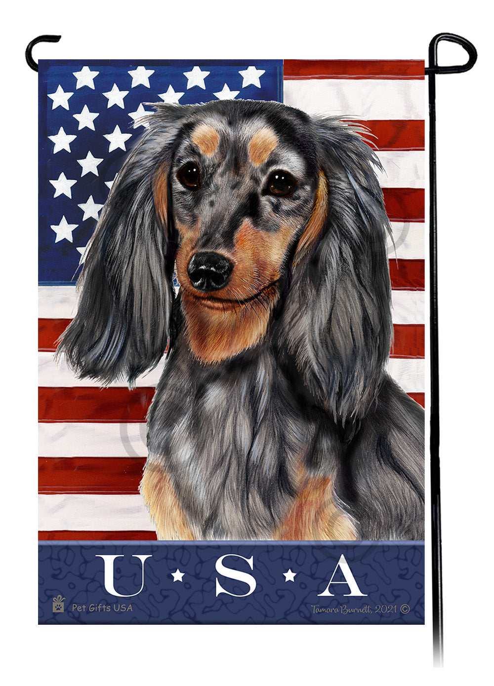 Dachshund LH Light Black and Tan Dapple True Blue Garden Flag