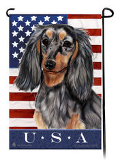 Dachshund LH Light Black and Tan Dapple True Blue Garden Flag