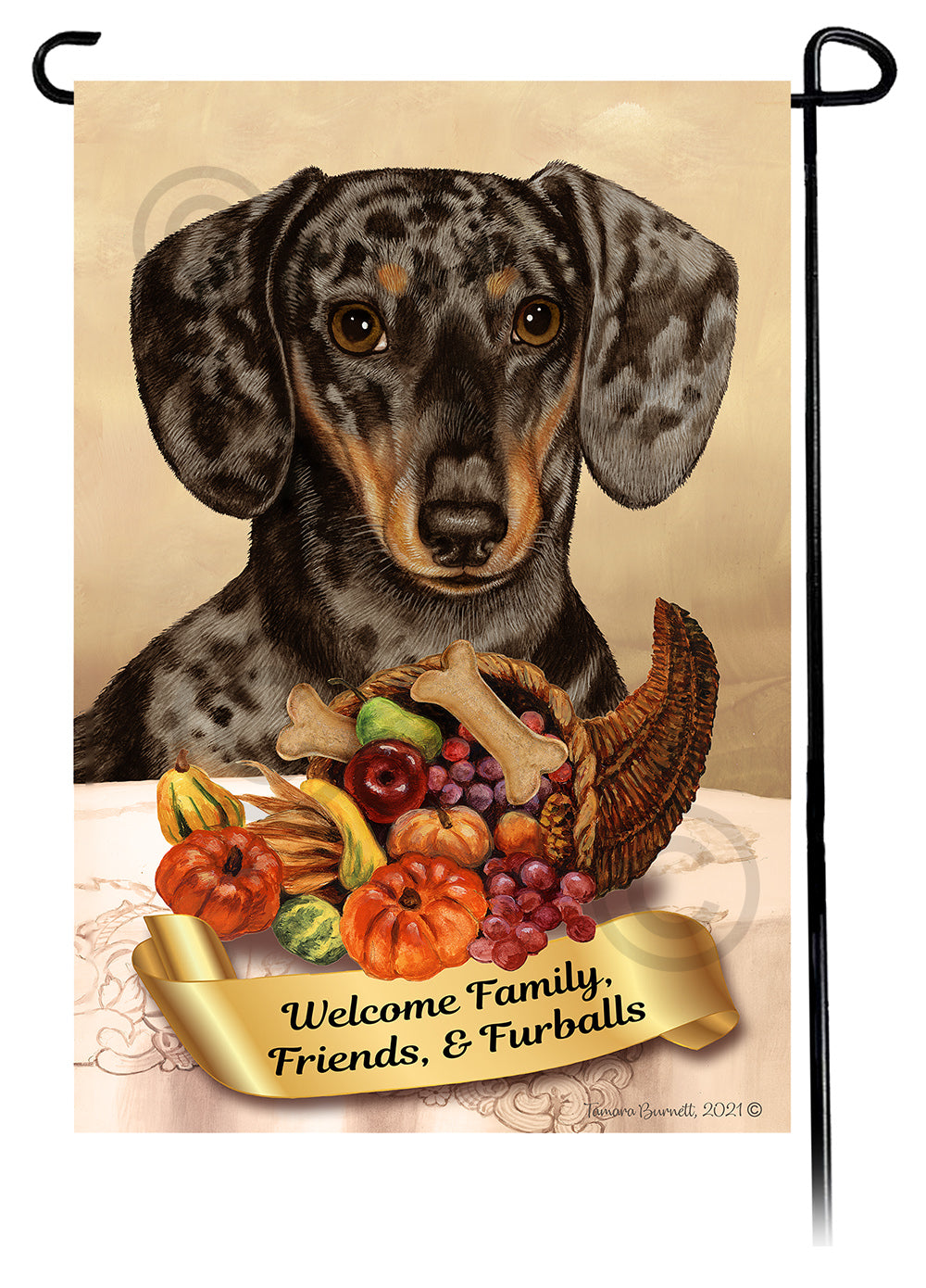 Dachshund SH Dapple Choc & Tan Thanksgiving - Garden Flag