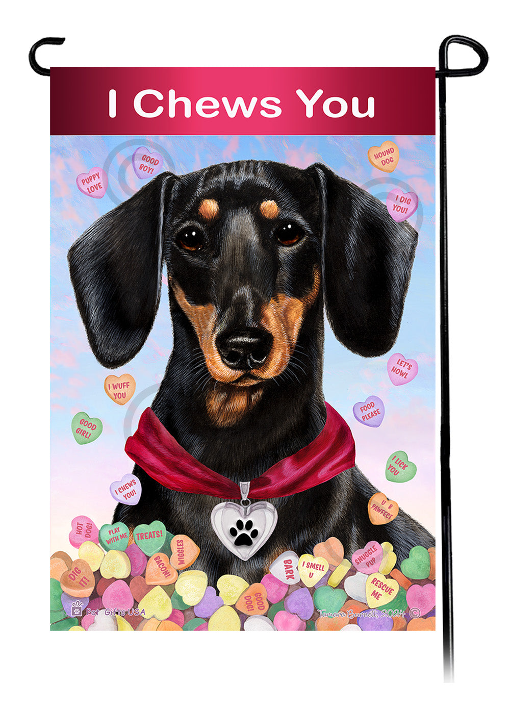 Dachshund Short Hair Black and Tan - Valentine Sweetheart Garden Flag