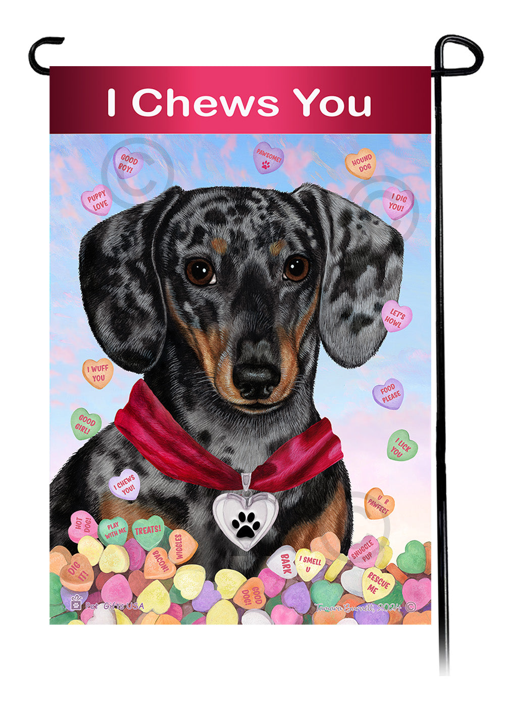 Dachshund Short Hair Dapple Light Black and Tan - Valentine Sweetheart Garden Flag
