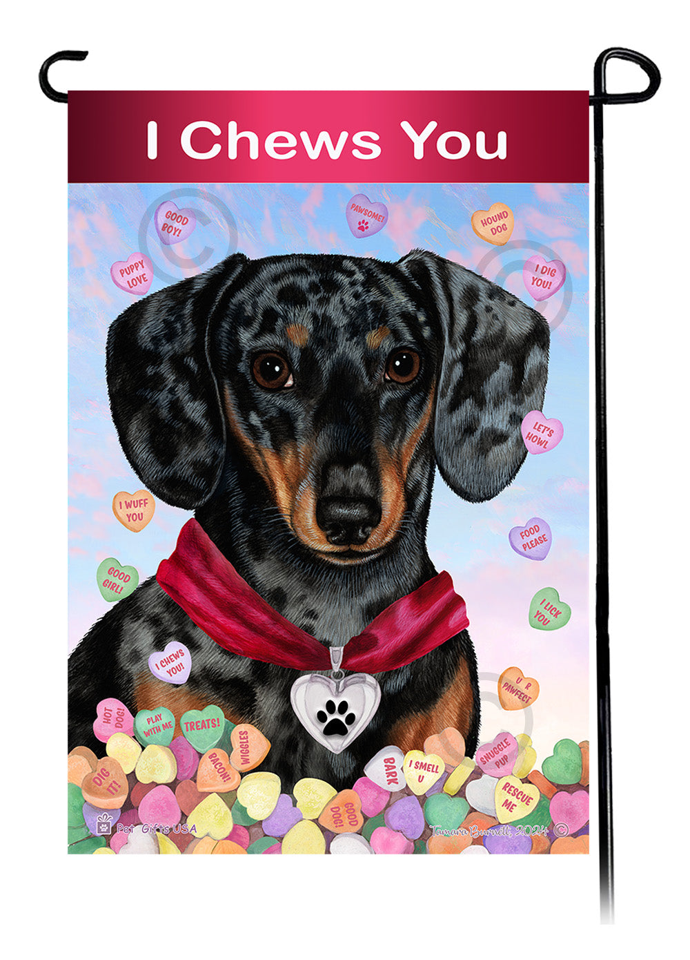 Dachshund Short Hair Dapple Dark Black and Tan - Valentine Sweetheart Garden Flag