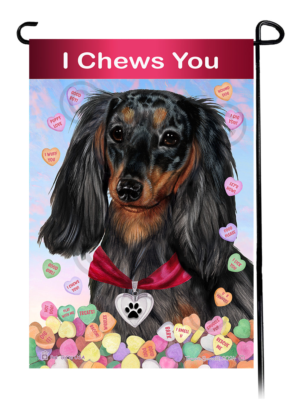 Dachshund Long Hair Dark Black and Tan Dapple - Valentine Sweetheart Garden Flag
