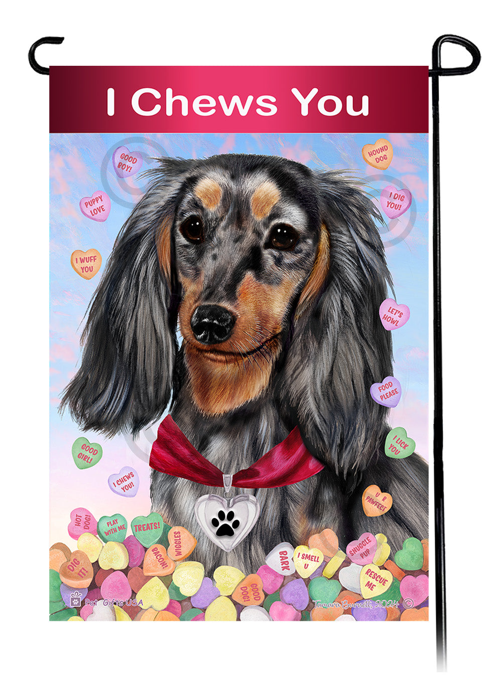 Dachshund Long Hair Light Black and Tan Dapple - Valentine Sweetheart Garden Flag
