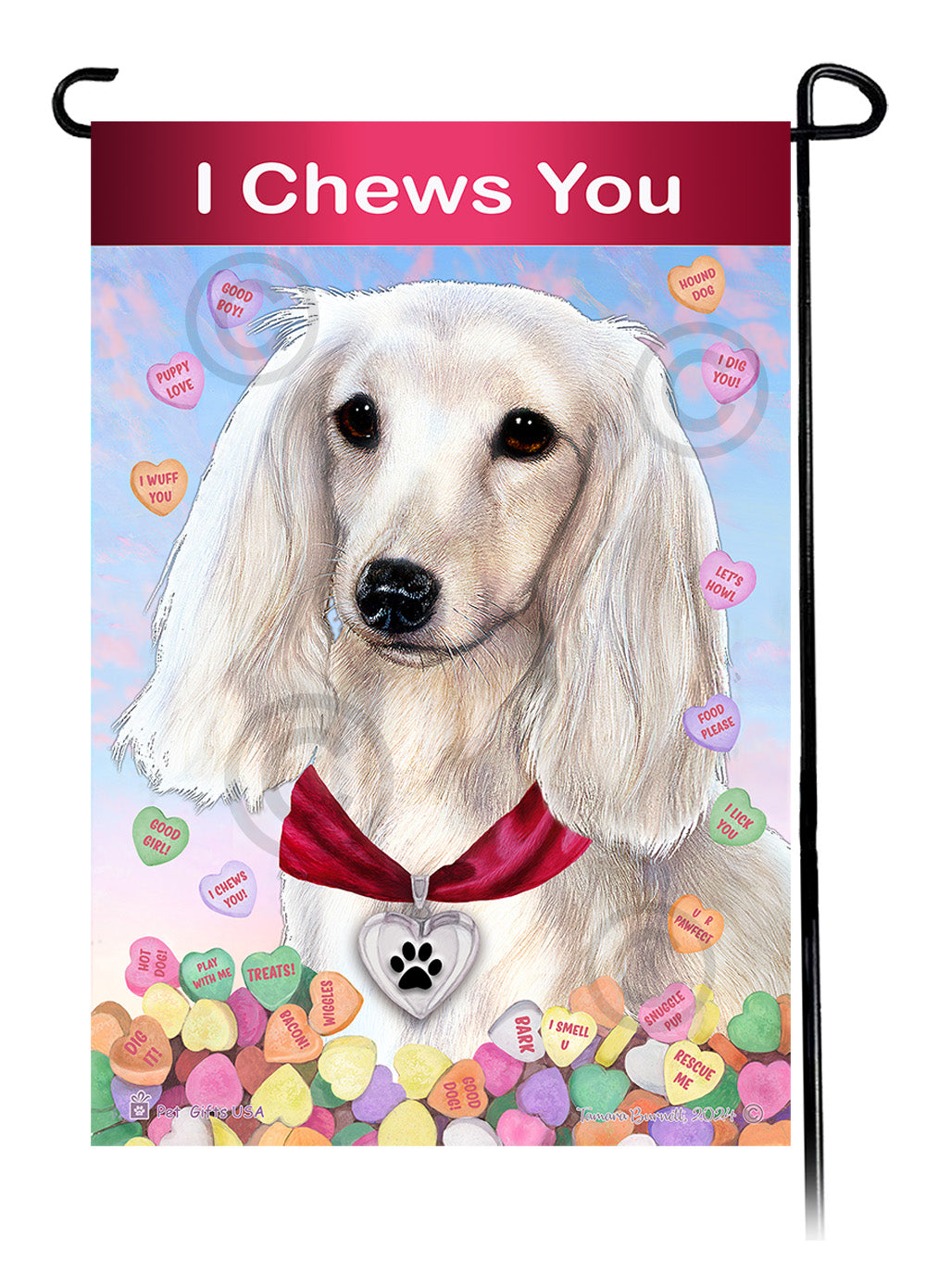 Dachshund Long Hair White - Valentine Sweetheart Garden Flag