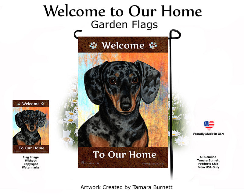 Dachshund SH Dapple Dark Black and Tan Welcome To Our Home - Garden Flag