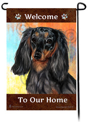 Dachshund LH Dark Black/Tan Dapple Welcome To Our Home - Garden Flag