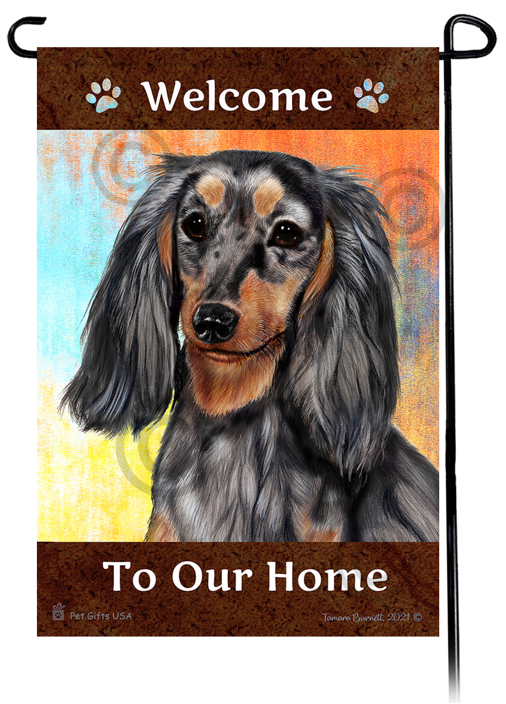 Dachshund LH Light Black/Tan Dapple Welcome To Our Home - Garden Flag
