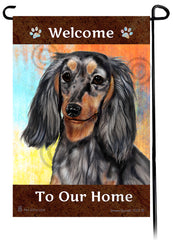 Dachshund LH Light Black/Tan Dapple Welcome To Our Home - Garden Flag