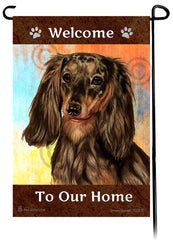 Dachshund LH Chocolate Dapple Welcome To Our Home - Garden Flag