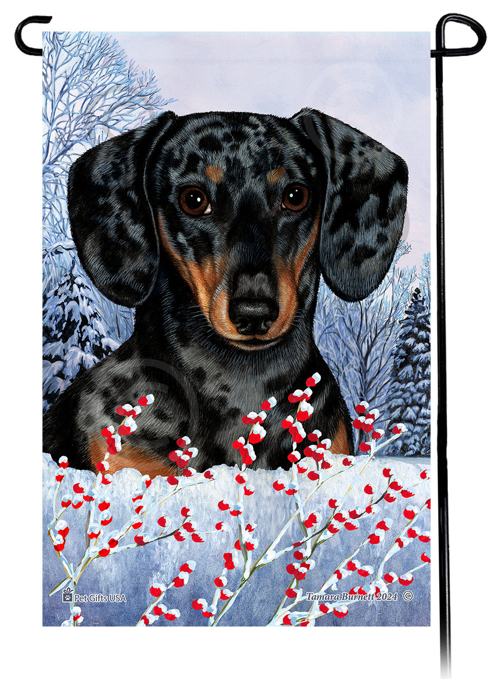 Dachshund (SH Dark Black And Tan Dapple) - Winterberries Garden Flag