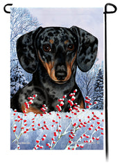 Dachshund (SH Dark Black And Tan Dapple) - Winterberries Garden Flag