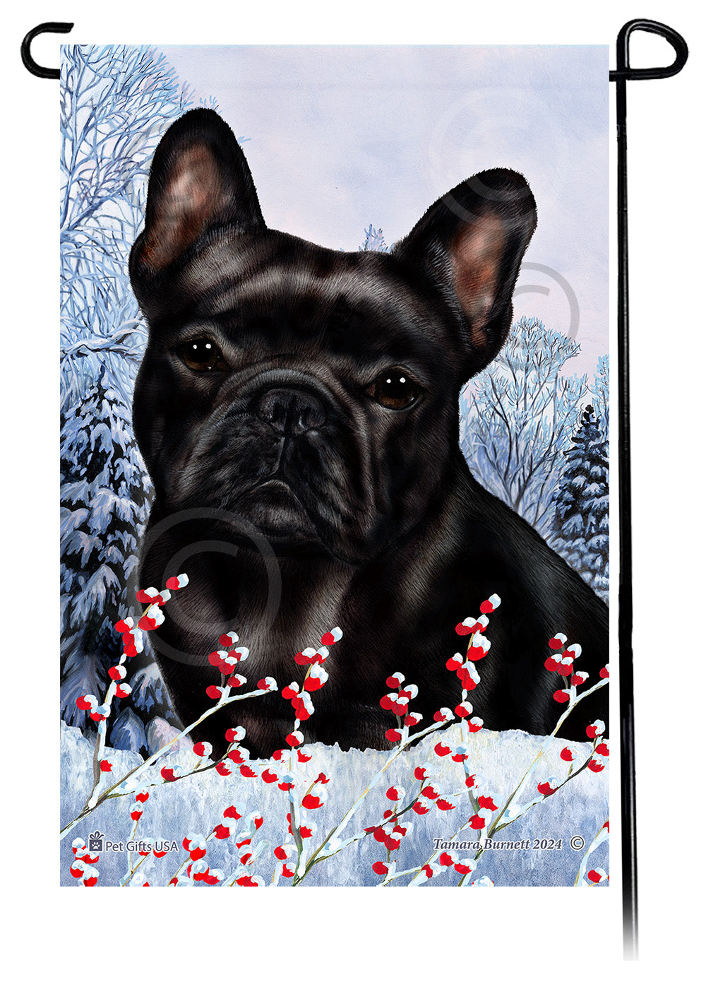 French Bulldog (Black) - Winterberries Garden Flag