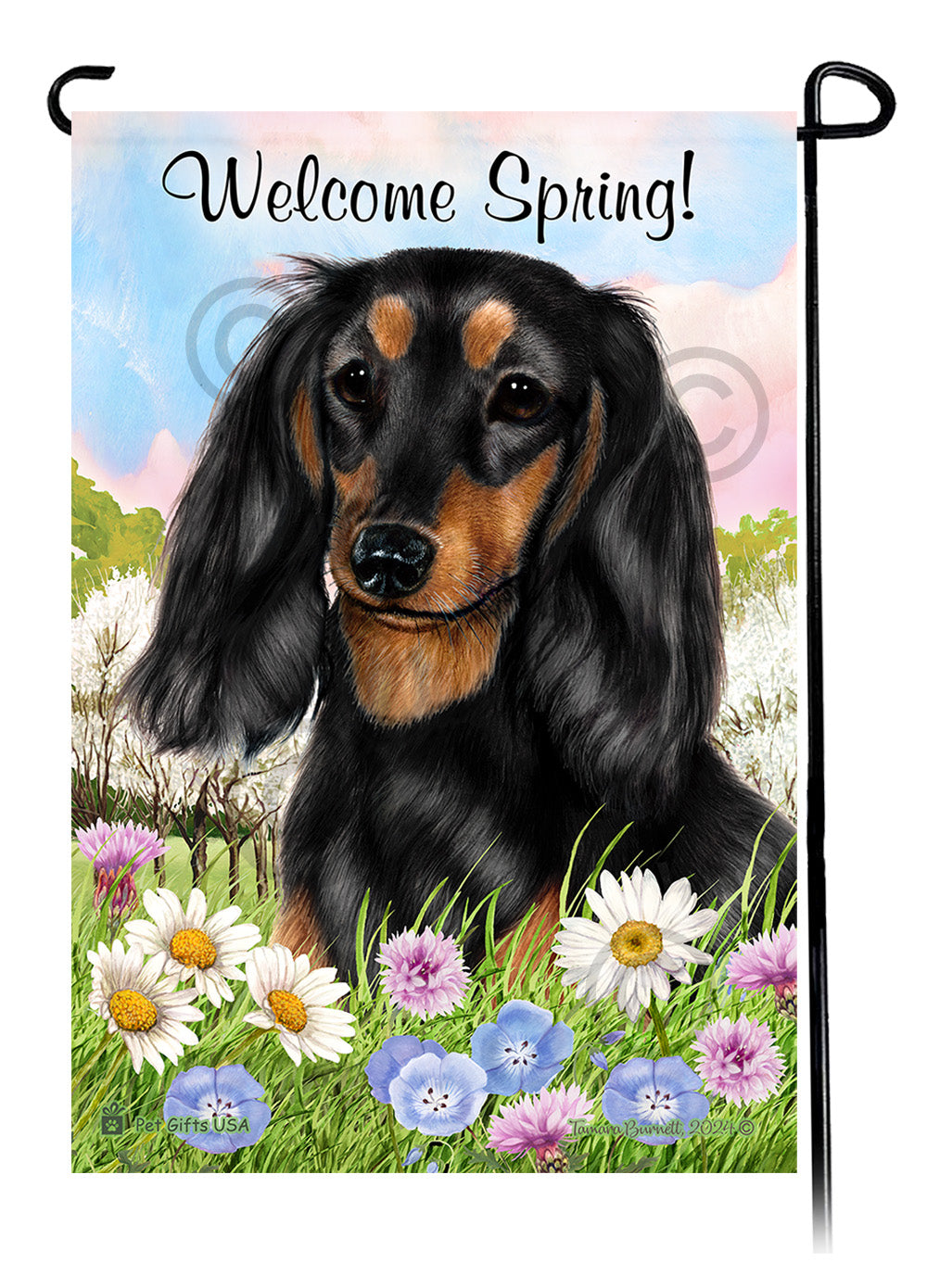 Dachshund Longhair Black and Tan - Welcome Spring Garden Flag