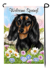 Dachshund Longhair Black and Tan - Welcome Spring Garden Flag