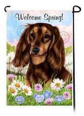 Dachshund Longhair Chocolate and Tan - Welcome Spring Garden Flag