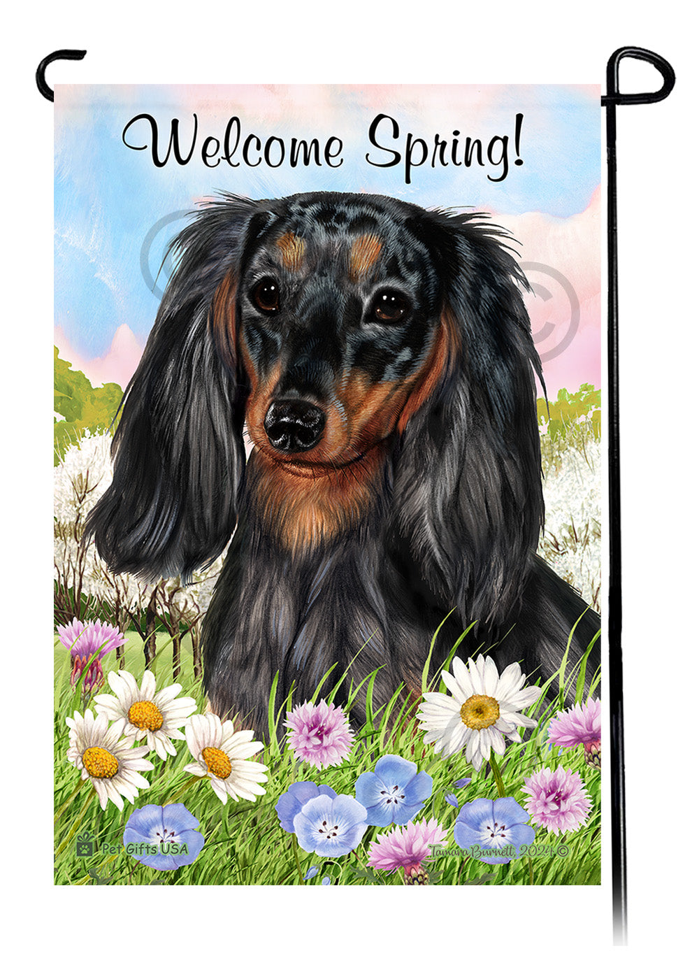 Dachshund Longhair Dark Black and Tan Dapple - Welcome Spring Garden Flag