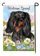 Dachshund Longhair Dark Black and Tan Dapple - Welcome Spring Garden Flag