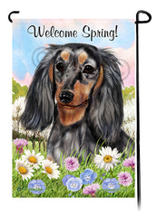 Dachshund Longhair Light Black and Tan Dapple - Welcome Spring Garden Flag