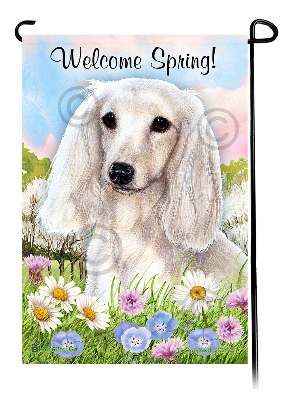 Dachshund Longhair White - Welcome Spring Garden Flag