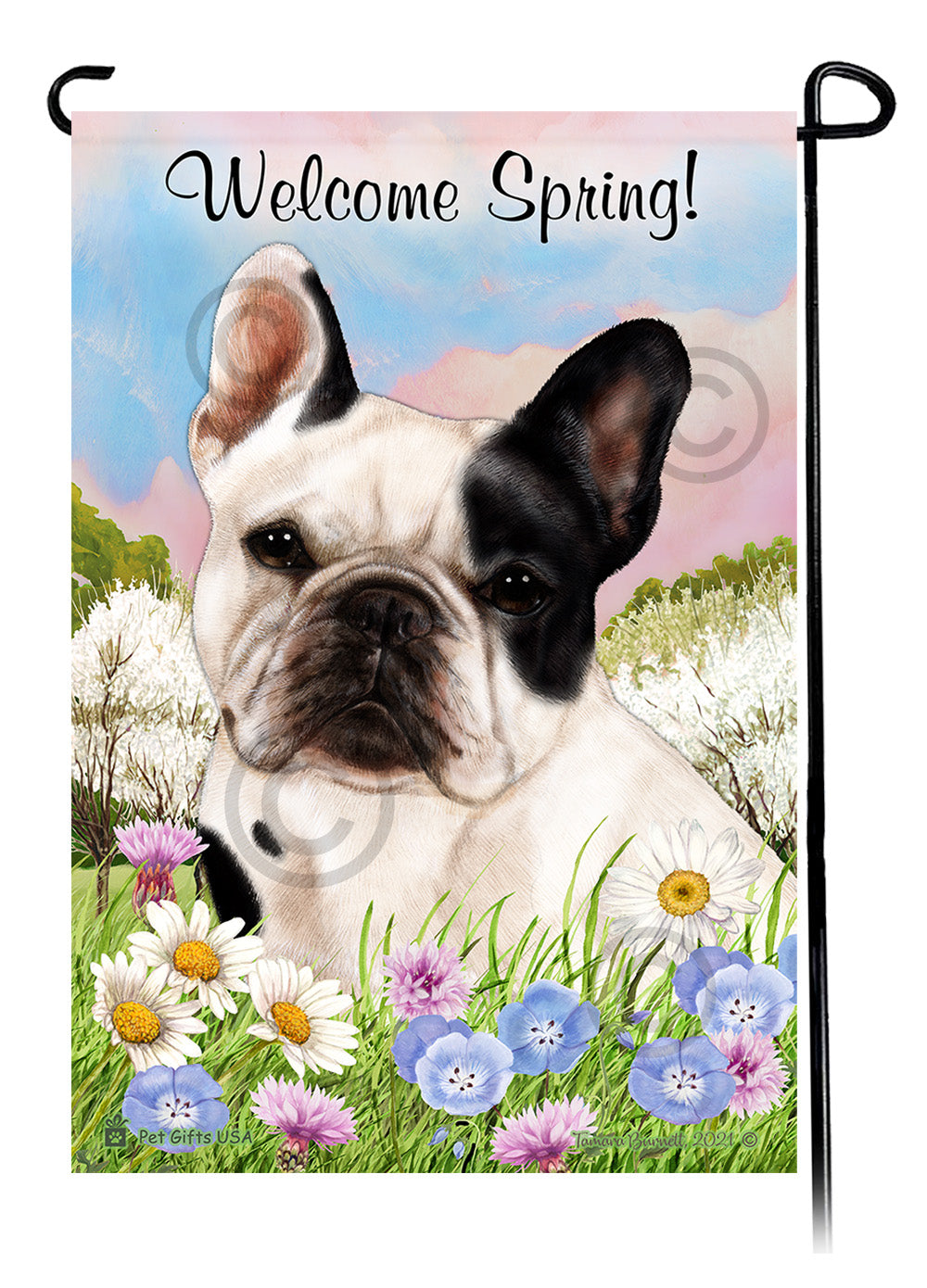 French Bulldog White and Black - Welcome Spring Garden Flag