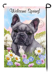 French Bulldog Blue and White - Welcome Spring Garden Flag