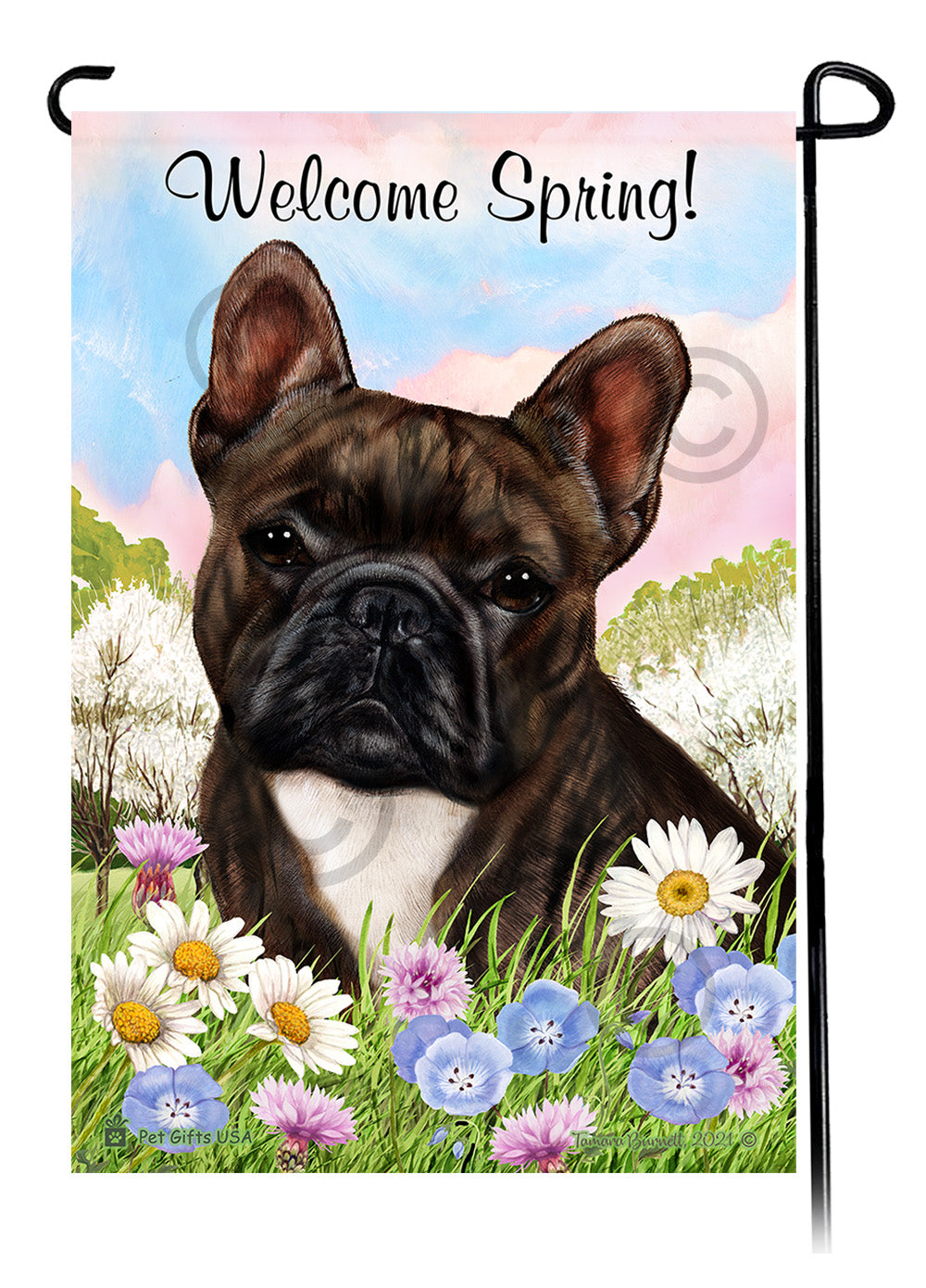French Bulldog Brindle and White - Welcome Spring Garden Flag