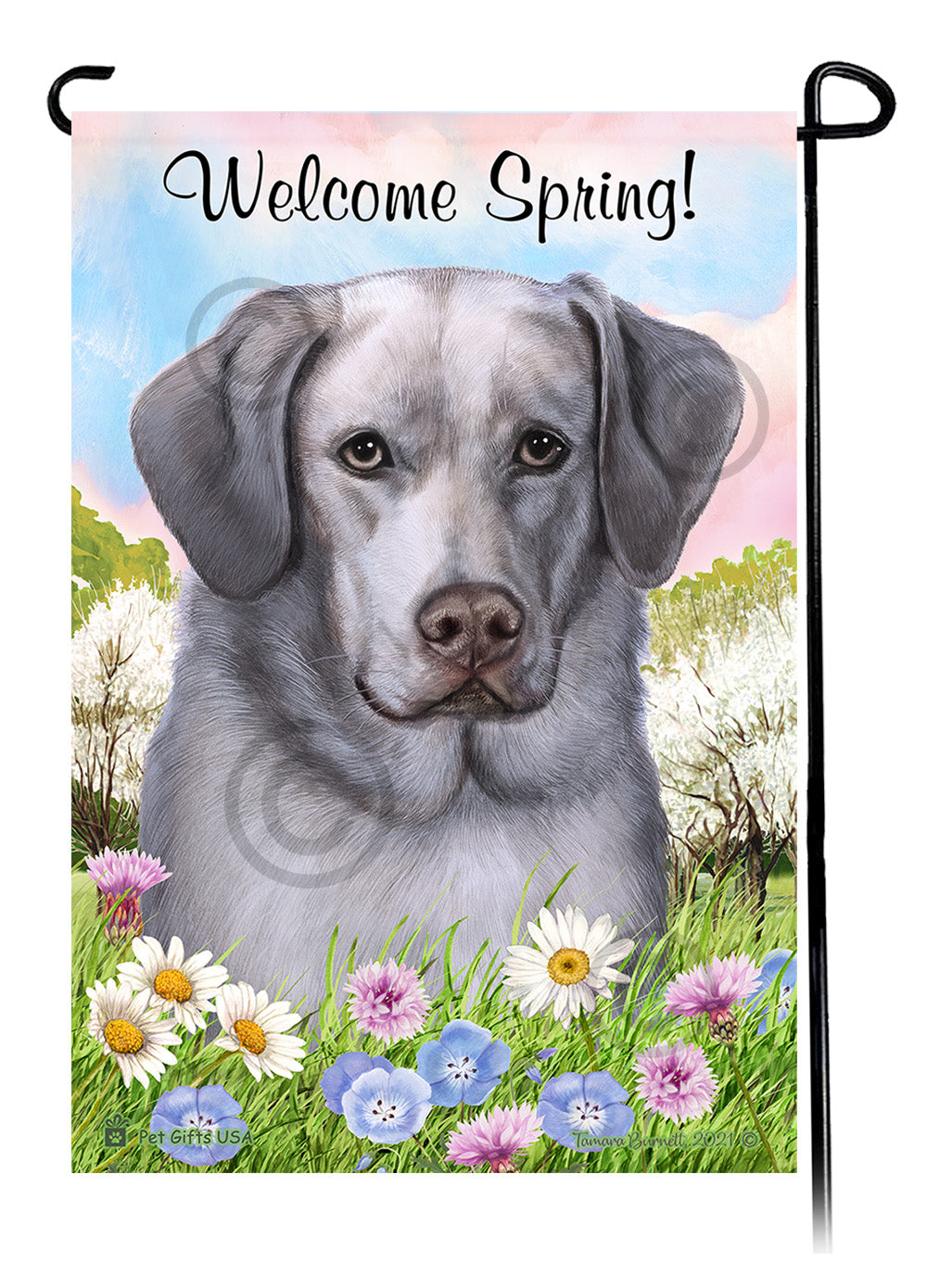 Labrador American Silver Front Face - Welcome Spring Garden Flag