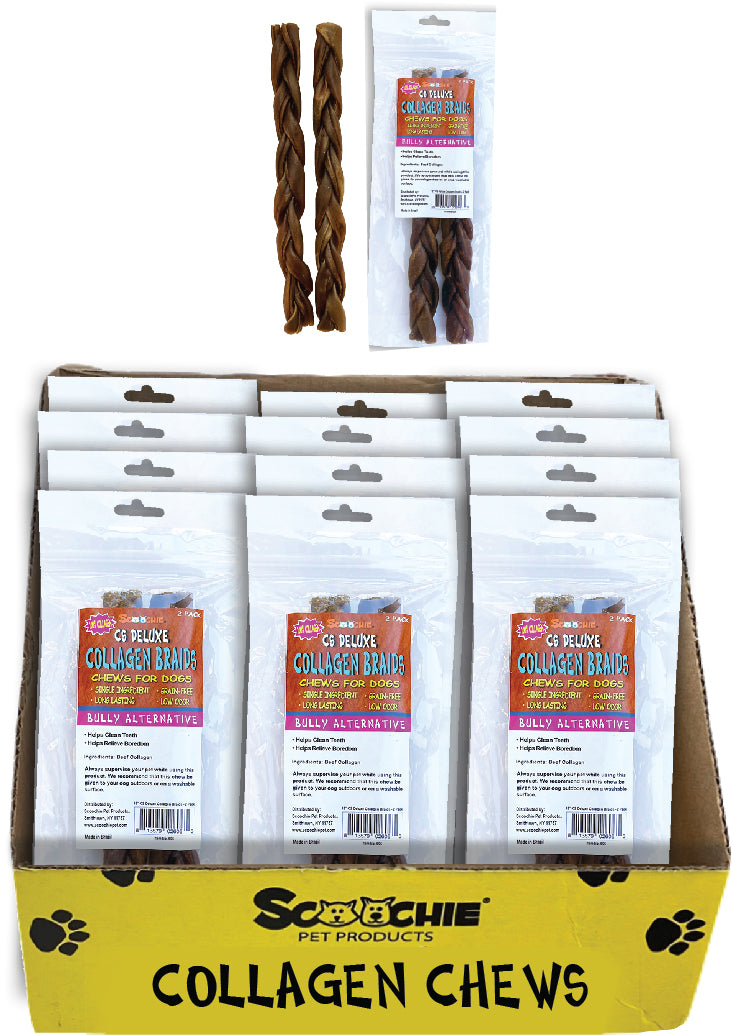 2 Pack 12 Inch BRAIDED CS Deluxe Collagen Sticks in Zip Lock bag 12x9x11 PDQ of 12
